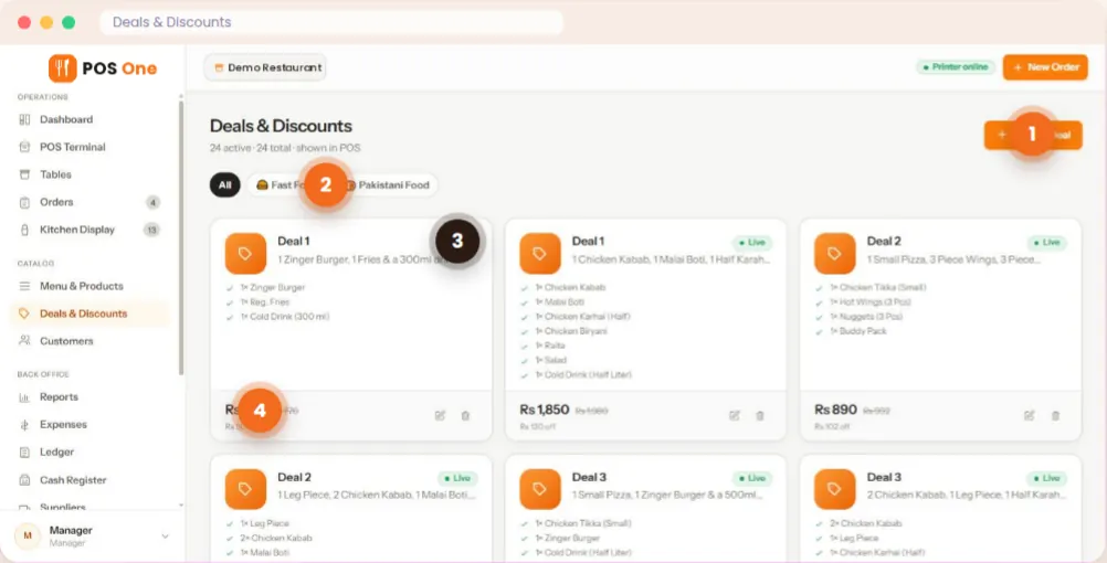 Restaurant POS One menu and combo deal management screen