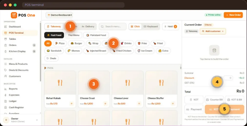 Restaurant POS One counter order screen with categories and items