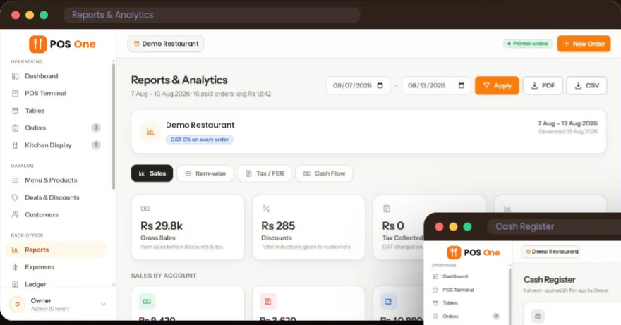 Restaurant POS One item sales and cash reporting interface