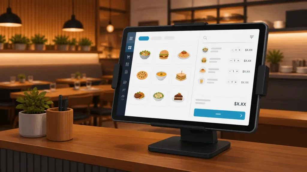 Tablet POS mounted on a restaurant counter showing a menu ordering screen
